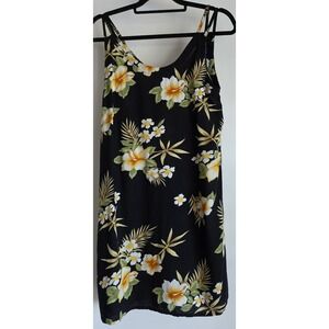 Tiki Palm Mini Dress Women M Sleeveless Floral Black Yellow Resort Sundress